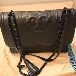Tory Burch Black Textured Shoulder Bag with Chain Strap